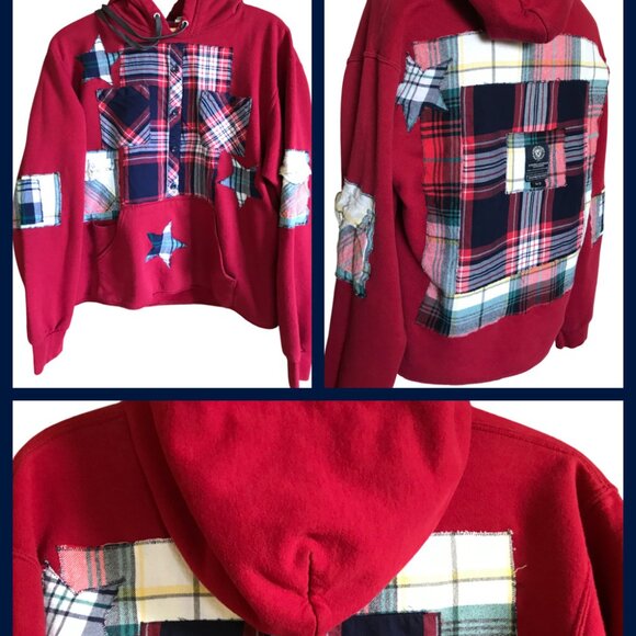 Upcycled Patchwork Hoodie, Size Medium: Red Plaid, Star Appliqués, Grunge Style - Picture 12 of 13
